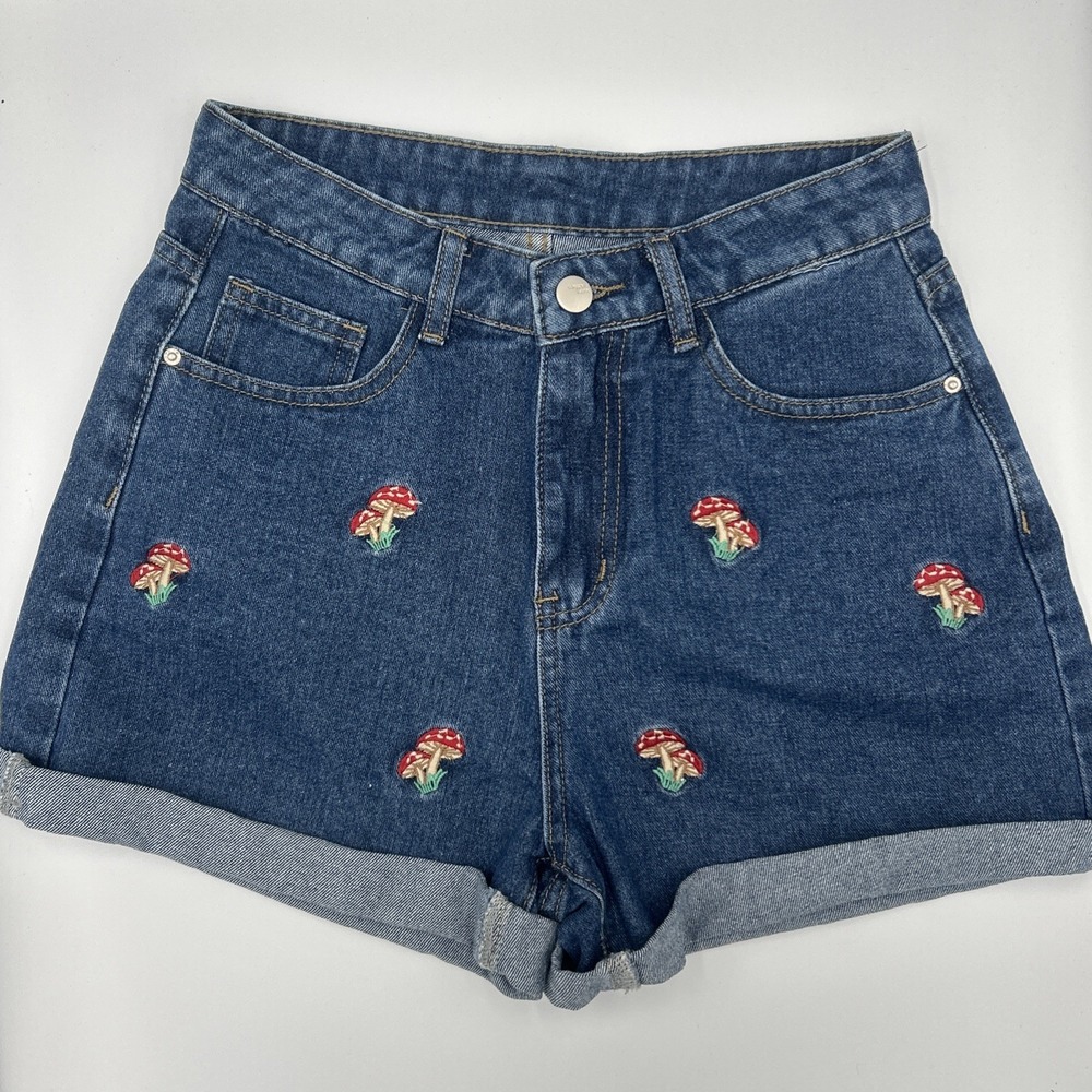 Romwe Mushrooms High Rise Denim Shorts Rolled Hem Hippie Fairy Festival XS